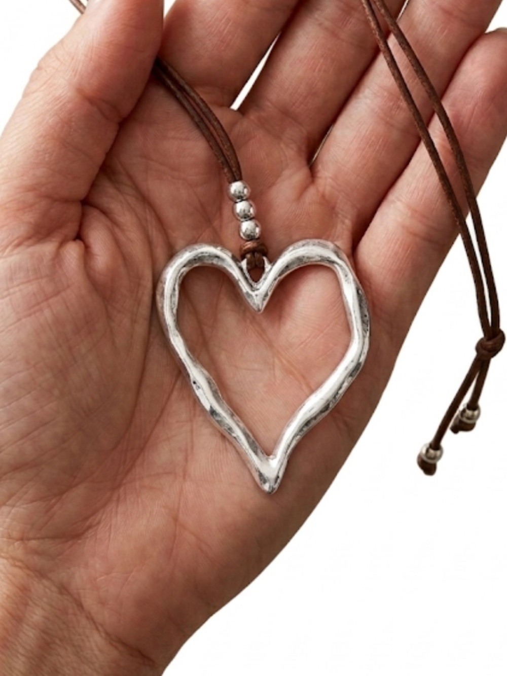 Large Abstract Open Heart Pendant Necklace | Boho Silver Brown Cord
C2